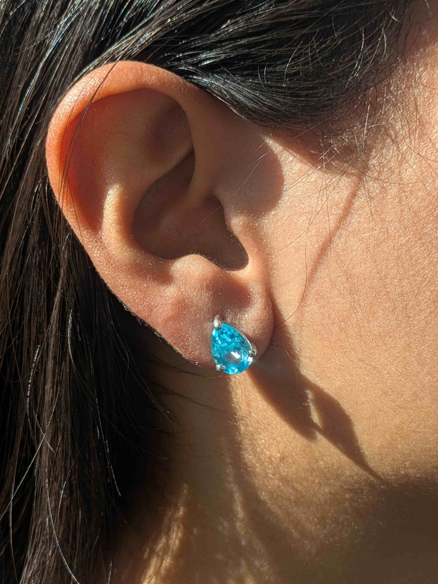 Aqua Marine Pear Stud Silver Earring For Women