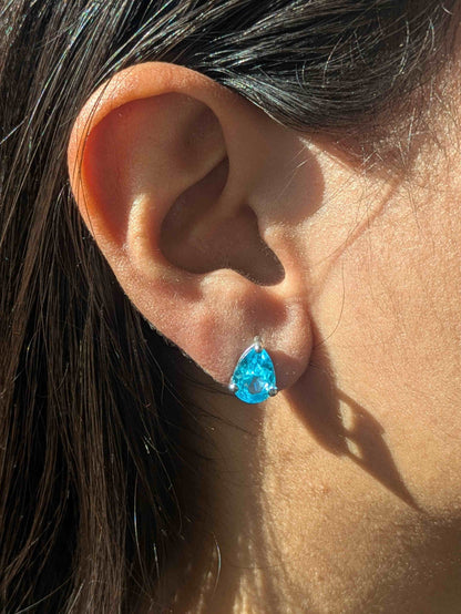 Aqua Marine Pear Stud Silver Earring For Women